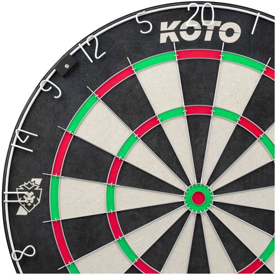 Gedeeltelijk zichtbaar KOTO King Classic dartbord met zwarte, witte, rode en groene secties.