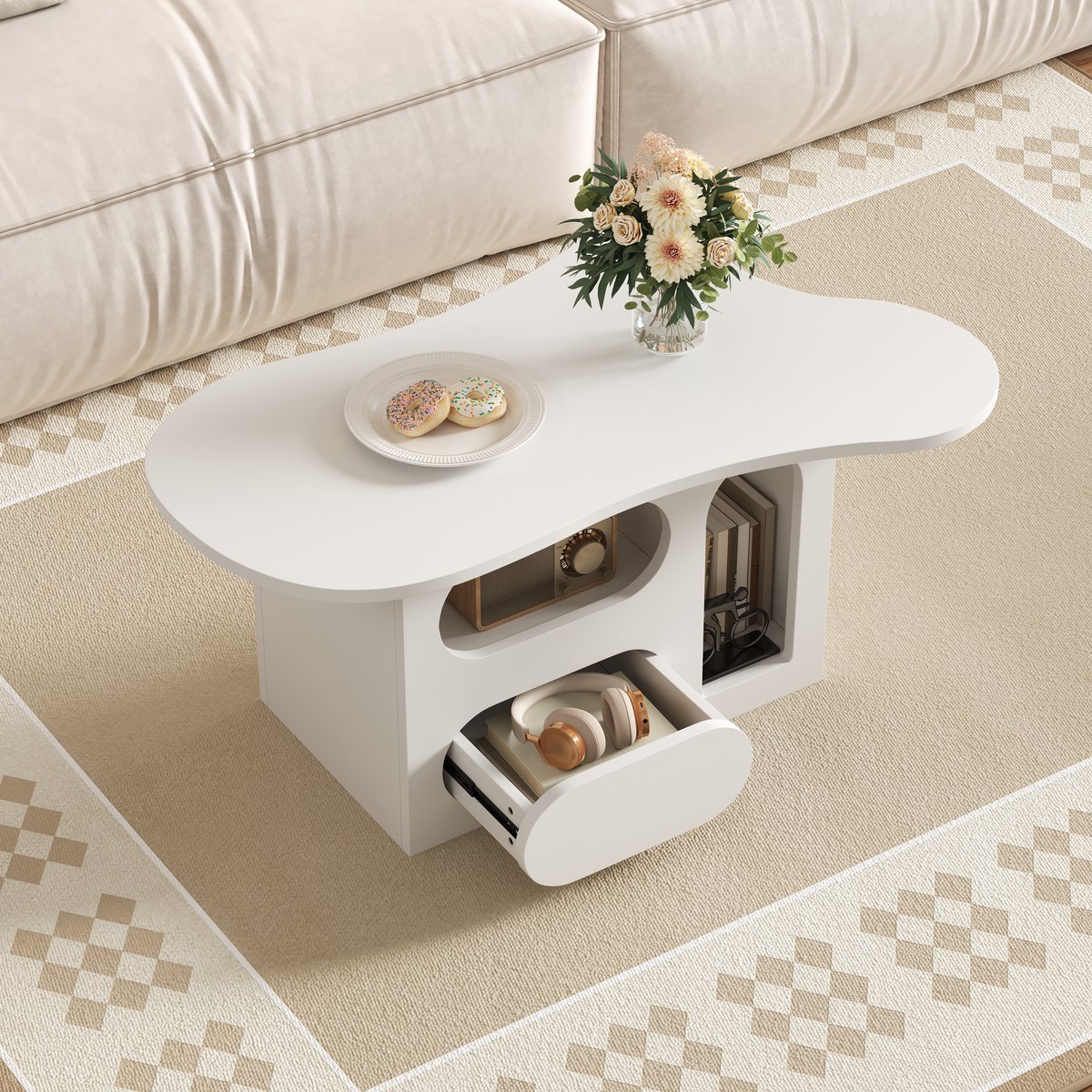 Wishdor Salontafel - Met Laden En Open Vakken - Wolkvormig - Modern - Voor De Woonkamer - Spaanplaat - Wit - 97 X 45 X 43,5 Cm
