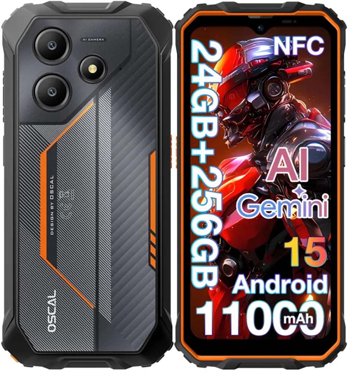 OSCAL MARINE 2 Robuuste Smartphone - Gemini AI - 24GB RAM+256GB ROM - 11000mAh Robuuste Telefoon - 6,56 Inch - IP68 IP69K - Dual SIM 4G - Android 15 - BT5.2 - NFC GPS - Oranje