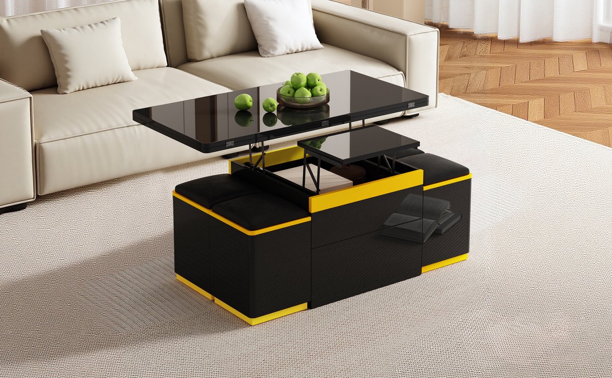 Wishdor - Salontafel Met 4 Krukken - Opklapbaar En In Hoogte Verstelbaar - Modern - Zwart En Geel - 100 x 50 x 43 cm