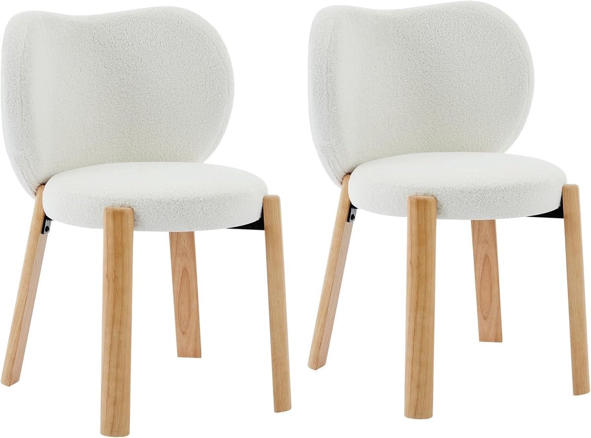 Luxe Bouclé Eetkamerstoelen Set van 2 - Witte Teddy Stoelen met Houten Poten - Zonder Armleuning - Eetkamer, Slaapkamer & Kaptafel
