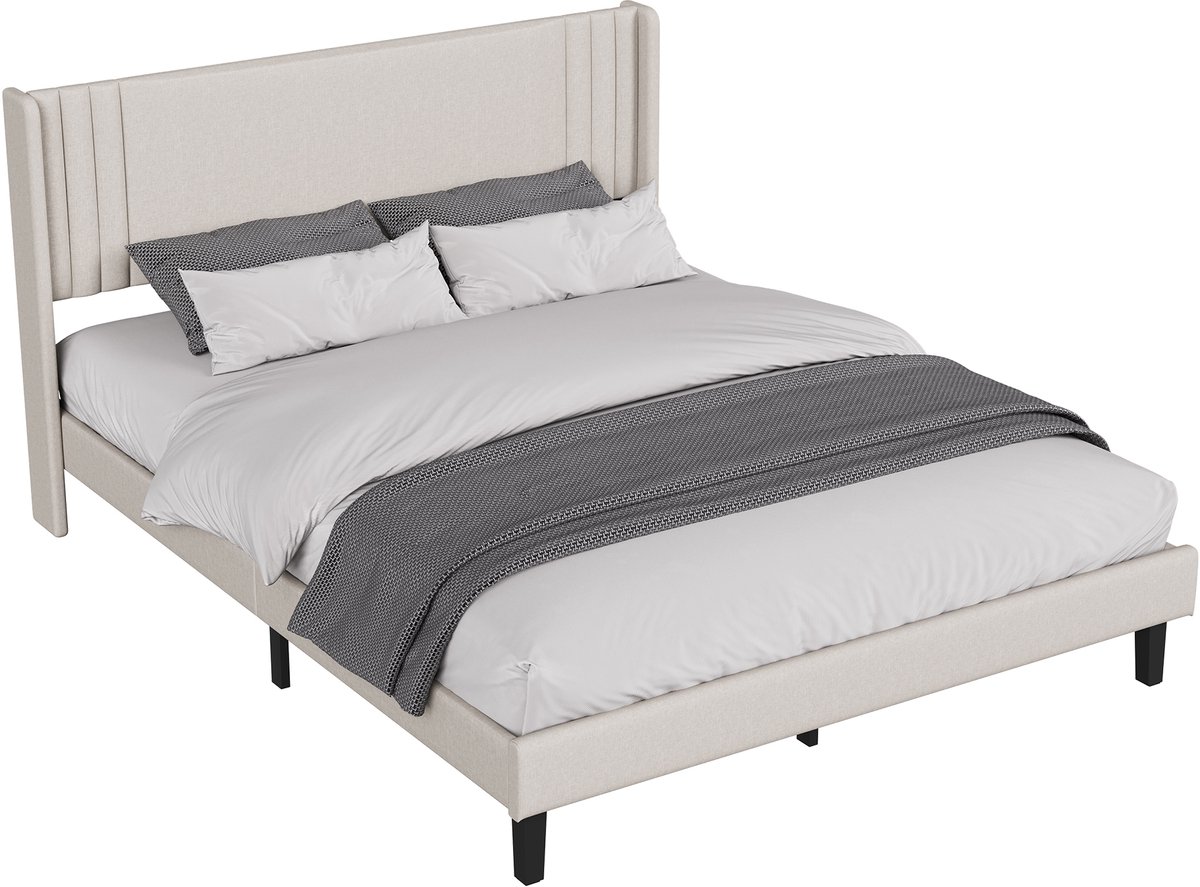 Bedframe 160x200 cm Tweepersoonsbed – Gestreept Hoofdeinde – Linnen Stoffering – Sterk en Comfortabel