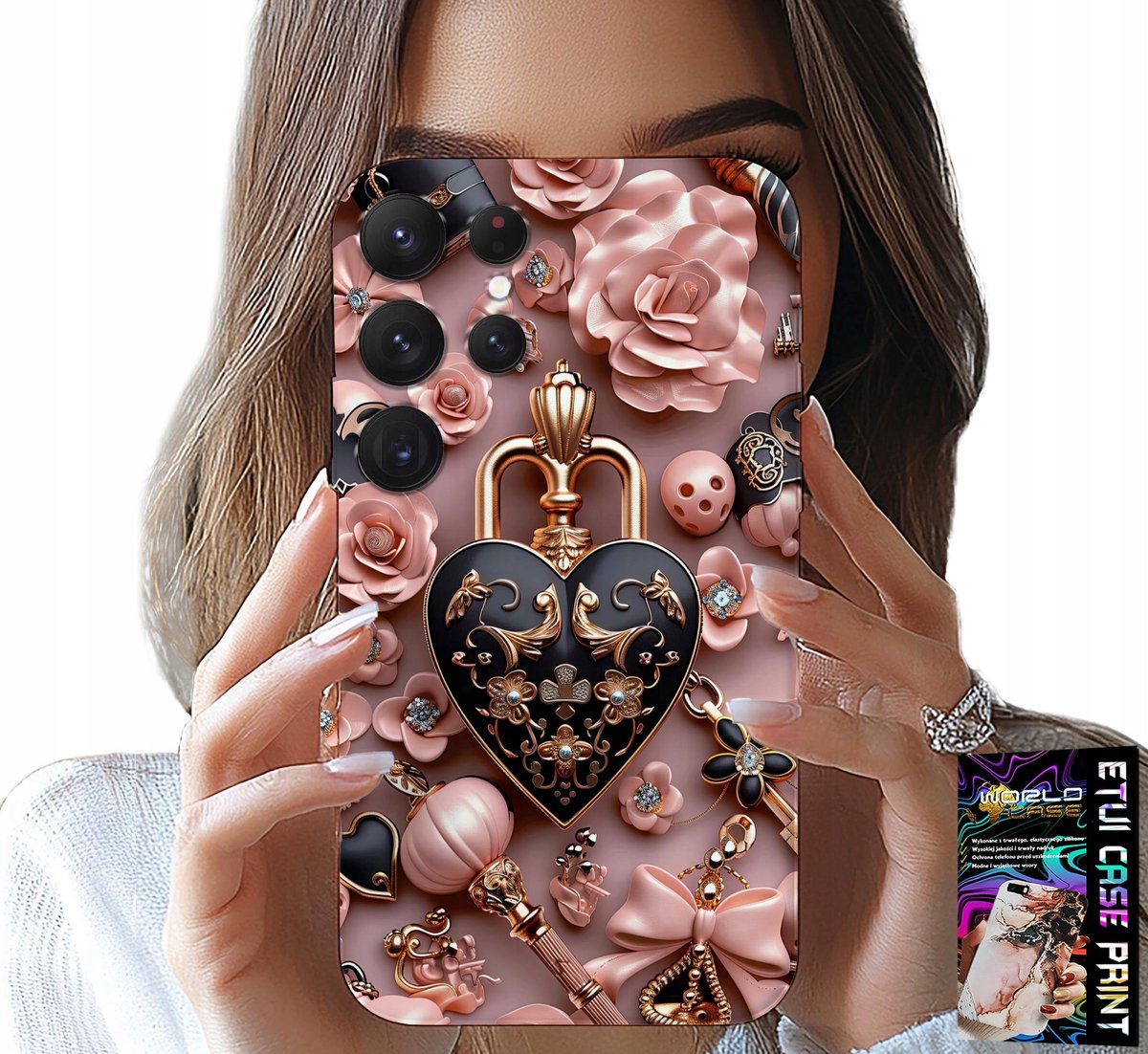 HOESJE VOOR SAMSUNG GALAXY S22 Ultra - FEMININE PATRONEN HARTJE MET HANGSLOTJE + FOLIE