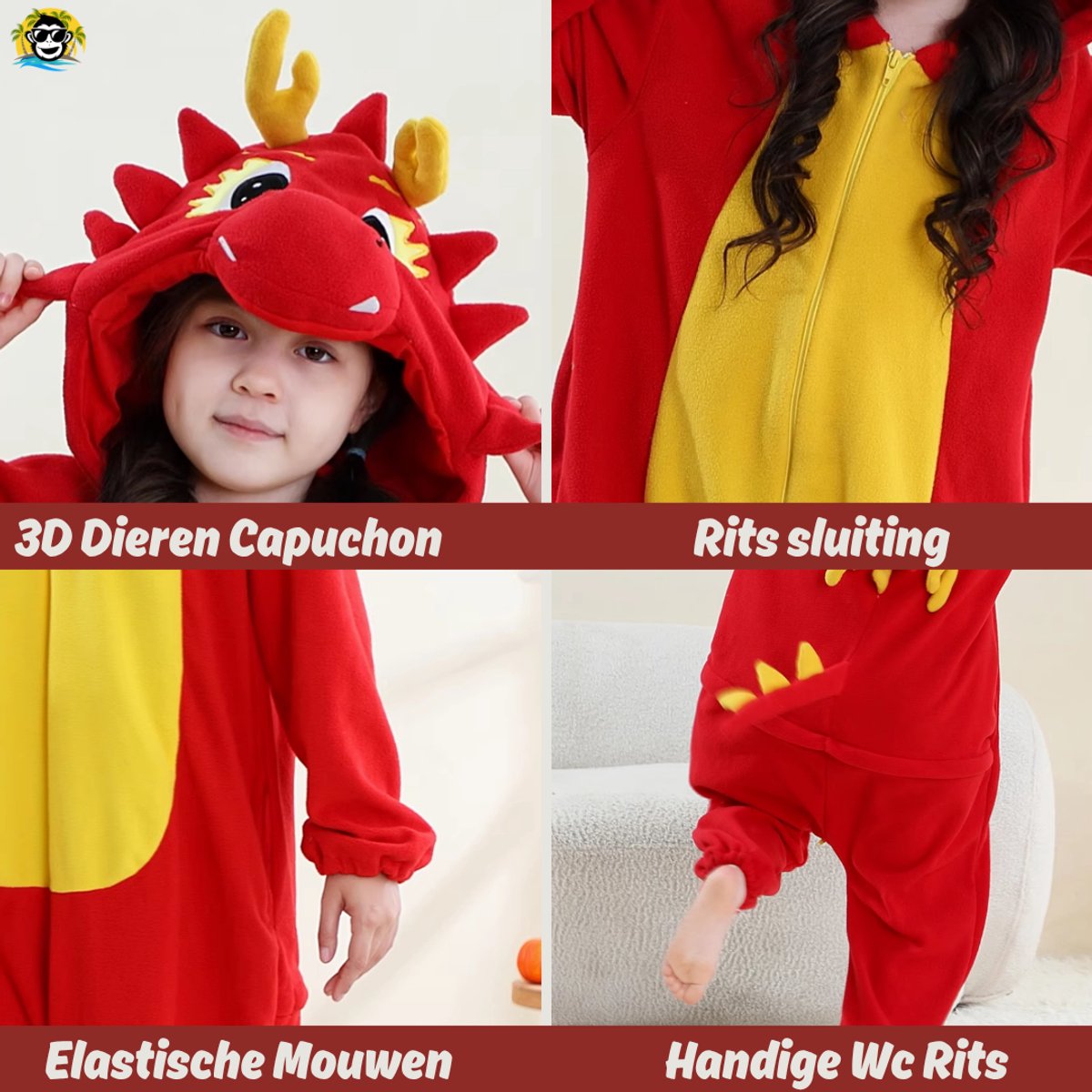 BoefieBoef Dieren Onesie Chinese Draak voor Kinderen 9-12 Jaar – Pyjama Dieren Verkleedpak – Warme Flanel Jumpsuit met Capuchon – Knuffelpak & Huispak – Zwemles – Carnaval, Halloween & Sinterklaas Cadeau – Jongens & Meisjes - Rood Geel — afbeelding 5