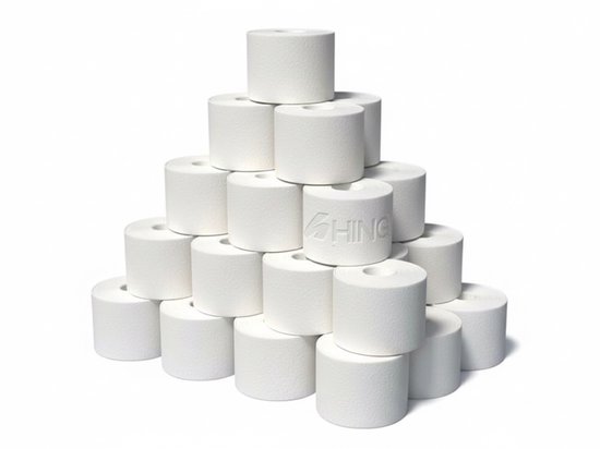 Stapel van 20 witte Hingly zeemgrips, elk met logo.