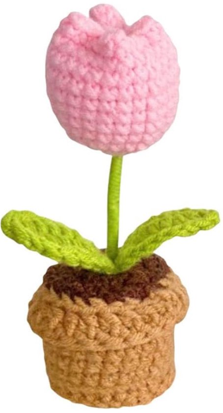 Gehaakte bloemen - Gebreide bloemen - Knitted Flowers - Handgemaakte Gehaakte Tulpen - Kunstbloemen - Gehaakte Bloemenboeket - Handgemaakte Gebreide planten voor decoratie en cadeau - Voor kantoor, auto, dashboard, decoratie - 5*13CM - Roze