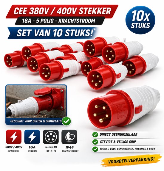 Een set van tien rode en witte CEE 380V/400V stekkers, 16A, 5-polig.
