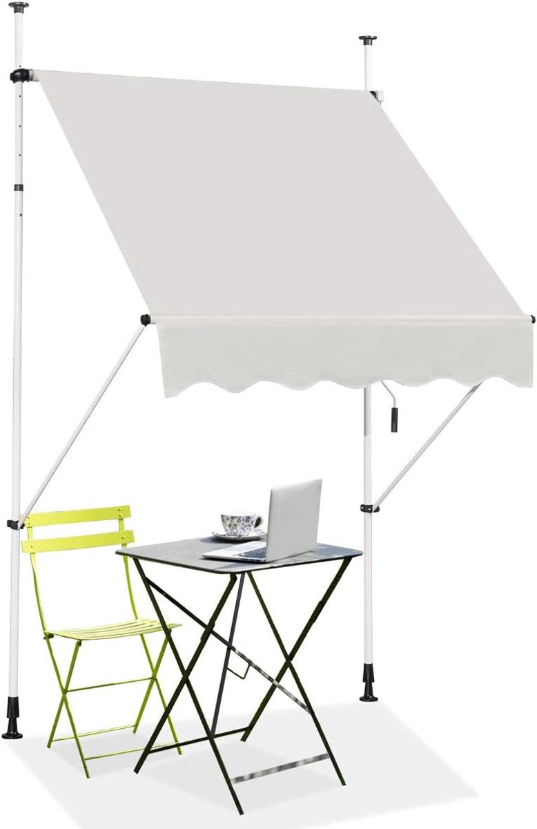 KOMFOTTEU Klemluifel, 150 cm breed, luifel voor balkon, zonder boren, luifel met handslinger, uv-bestendig, in hoogte verstelbaar, waterafstotend, zonwering voor balkon, terras en tuin