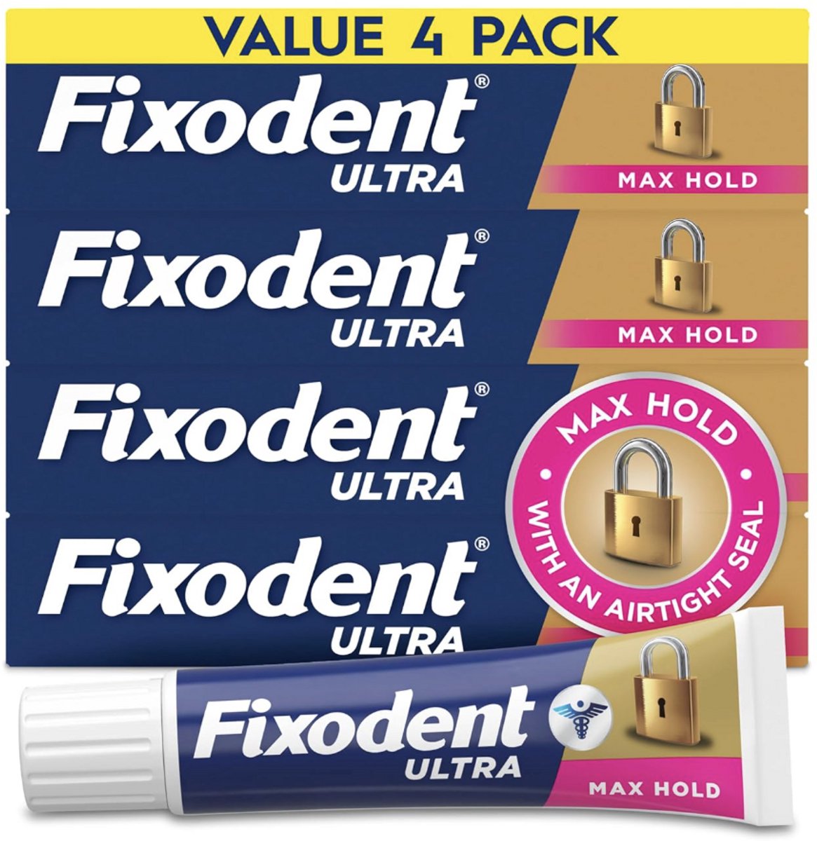 Fixodent Ultra Max Hold Secure Denture Adhesive Cream for Full and Partial Denture Wearers, 2.2oz (Pack of 4)