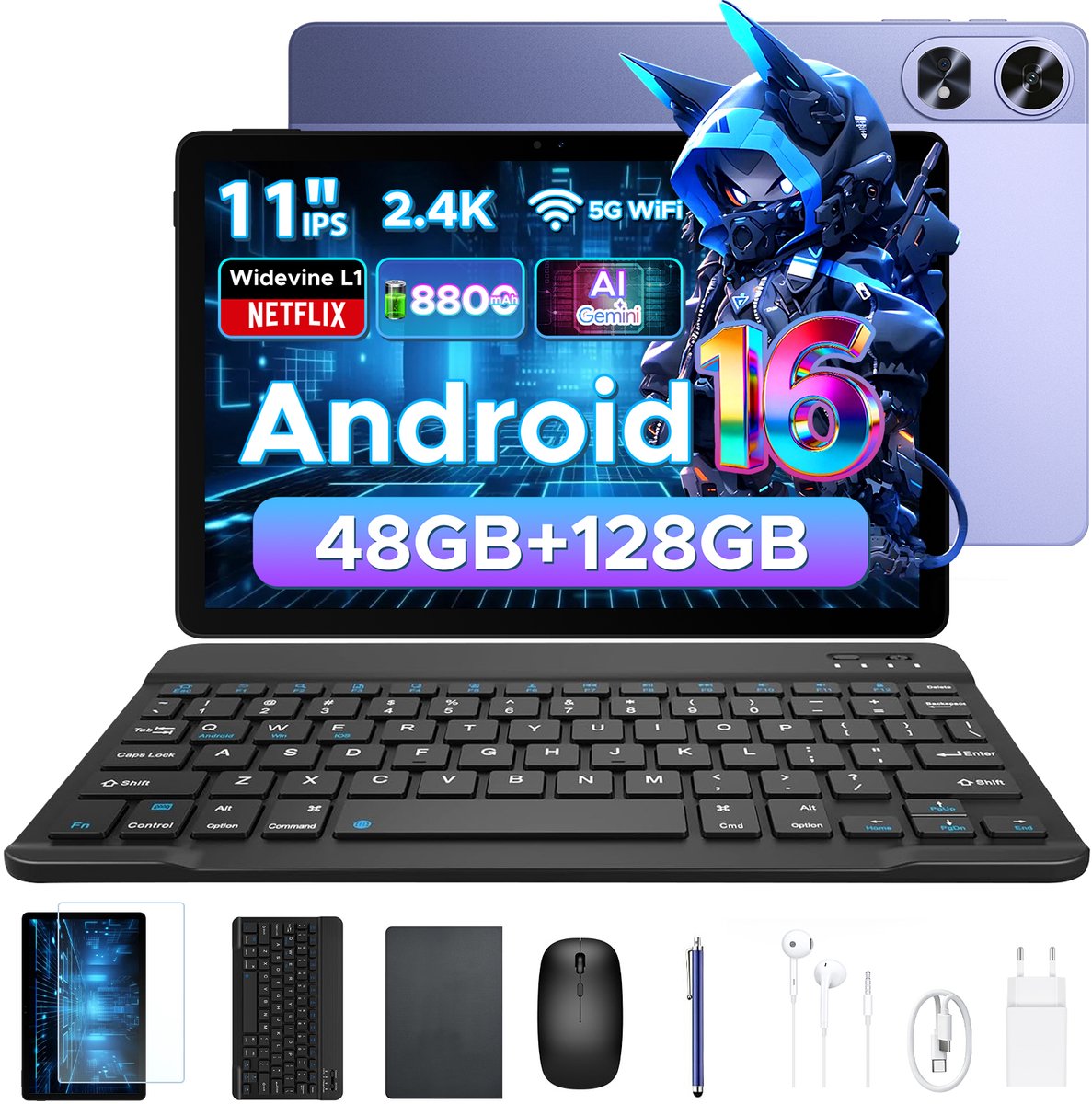 Aorlym P11 Pro - Tablet - 48 GB RAM (8+40 GB) + 128 GB ROM (2 TB/TF) - 11 inch FHD+ 90 Hz - Android 16 - 8800 mAh/18 W - T7250 - Dubbele luidsprekers - Gemini AI - Face ID - Widevine L1 - Complete accessoirebundel met toetsenbord en stylus - Paars
