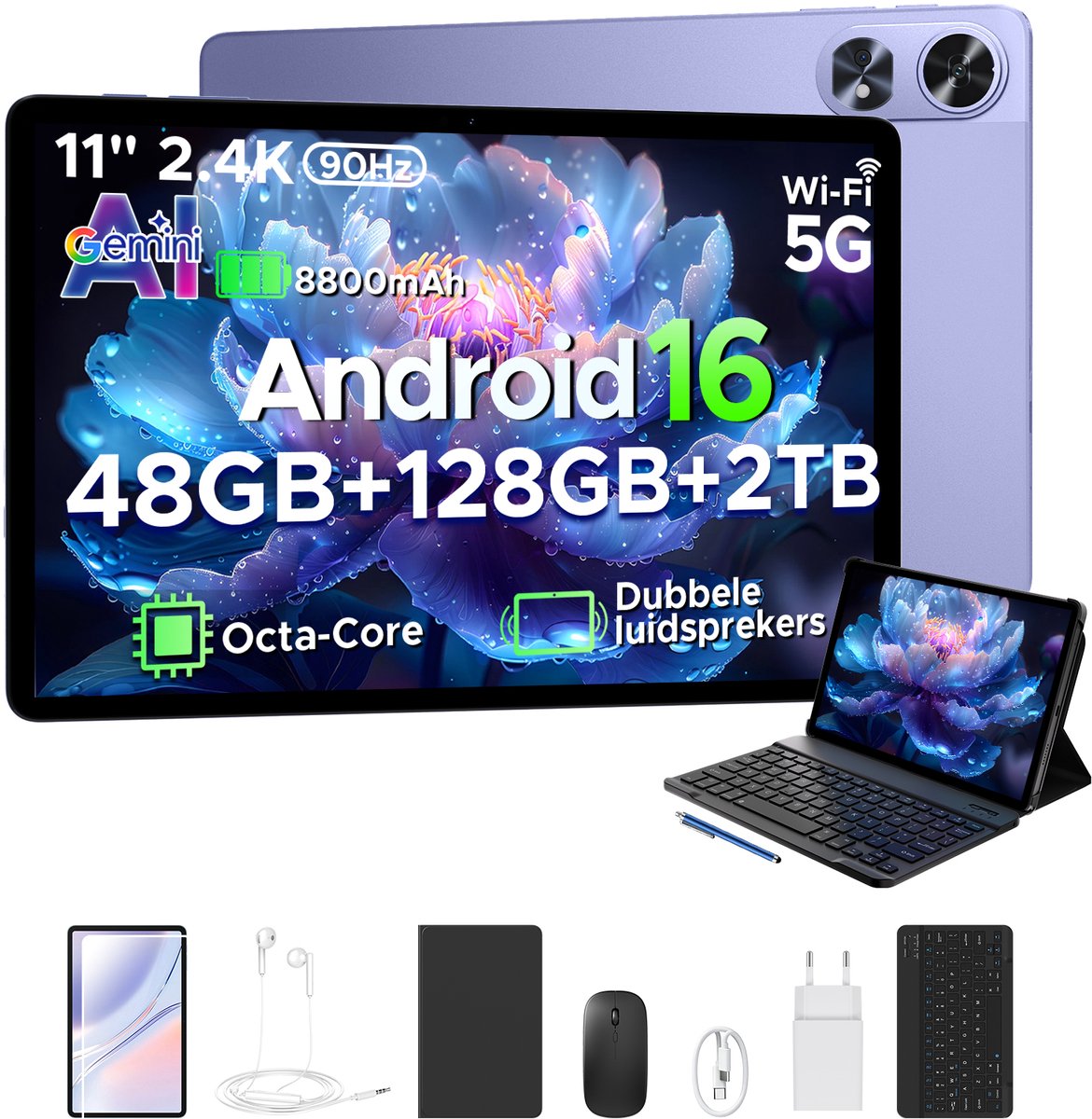 POCKAM P11 Pro - Tablet - 48 GB RAM (8+40 GB) + 128 GB ROM (2 TB/TF) - 11 inch FHD+ 90 Hz - Android 16 - 8800 mAh/18 W - T7250 - Dubbele luidsprekers - Gemini AI - Face ID - Widevine L1 - Complete accessoirebundel met toetsenbord en stylus - Paars