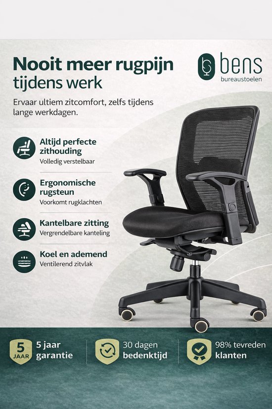 Zwarte bureaustoel met ademend mesh rugleuning en verstelbare zithoogte, ergonomische rugsteun, kantelbare zitting en ventilerend zitvlak. Bens logo.