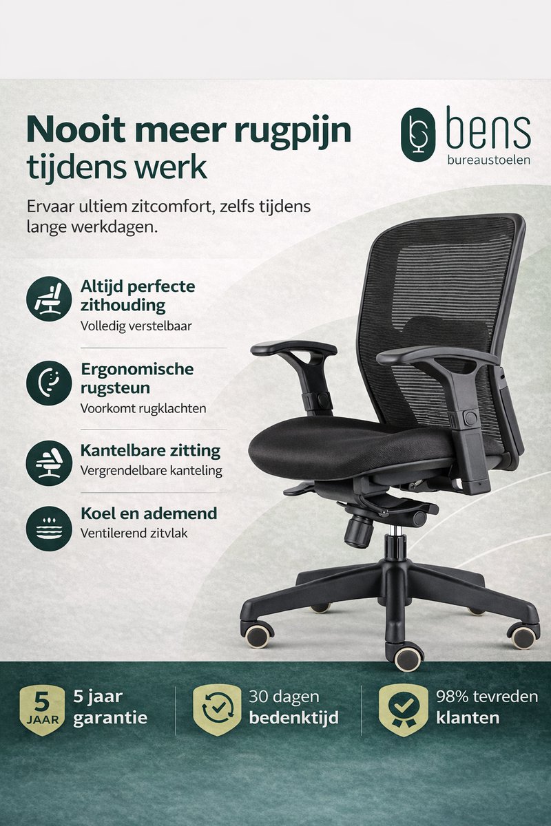 BENS 803-Bsc-3 Zwart - Ergonomische Bureaustoel Zwart - 3D - afbeelding 2