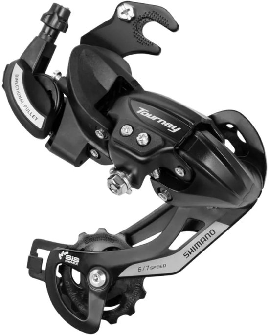 Zwarte Shimano Tourney derailleur voor 6/7 versnellingen met 'Directional Pulley' en 'SIS INDEX' aanduiding.