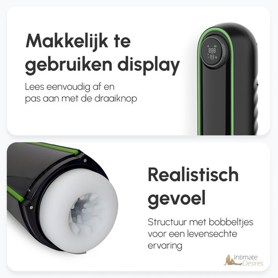 Zwarte masturbator met display en witte opening met textuur. Tekst "Makkelijk te gebruiken display" en "Realistisch gevoel".
