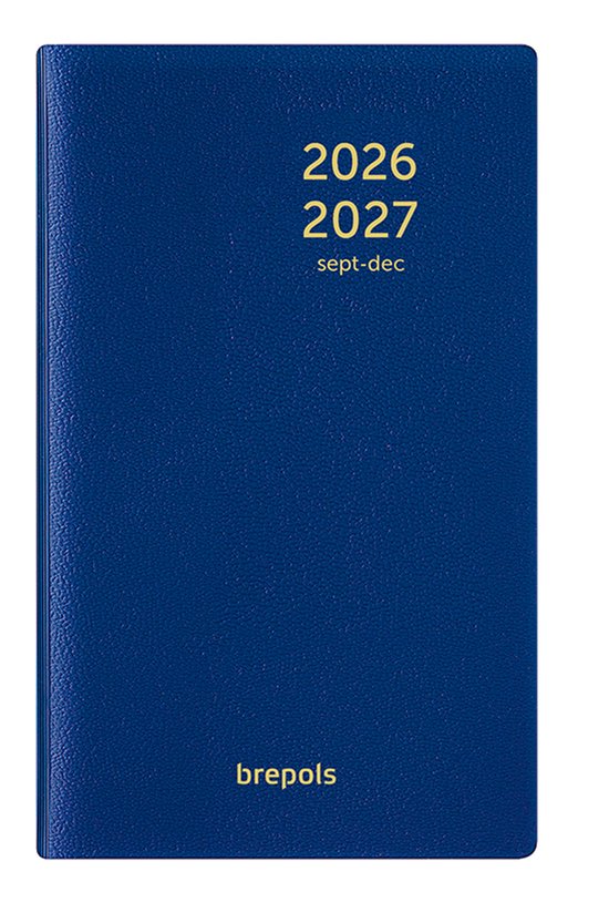 Donkerblauwe Brepols agenda met gouden tekst '2026 2027 sept-dec' en logo.