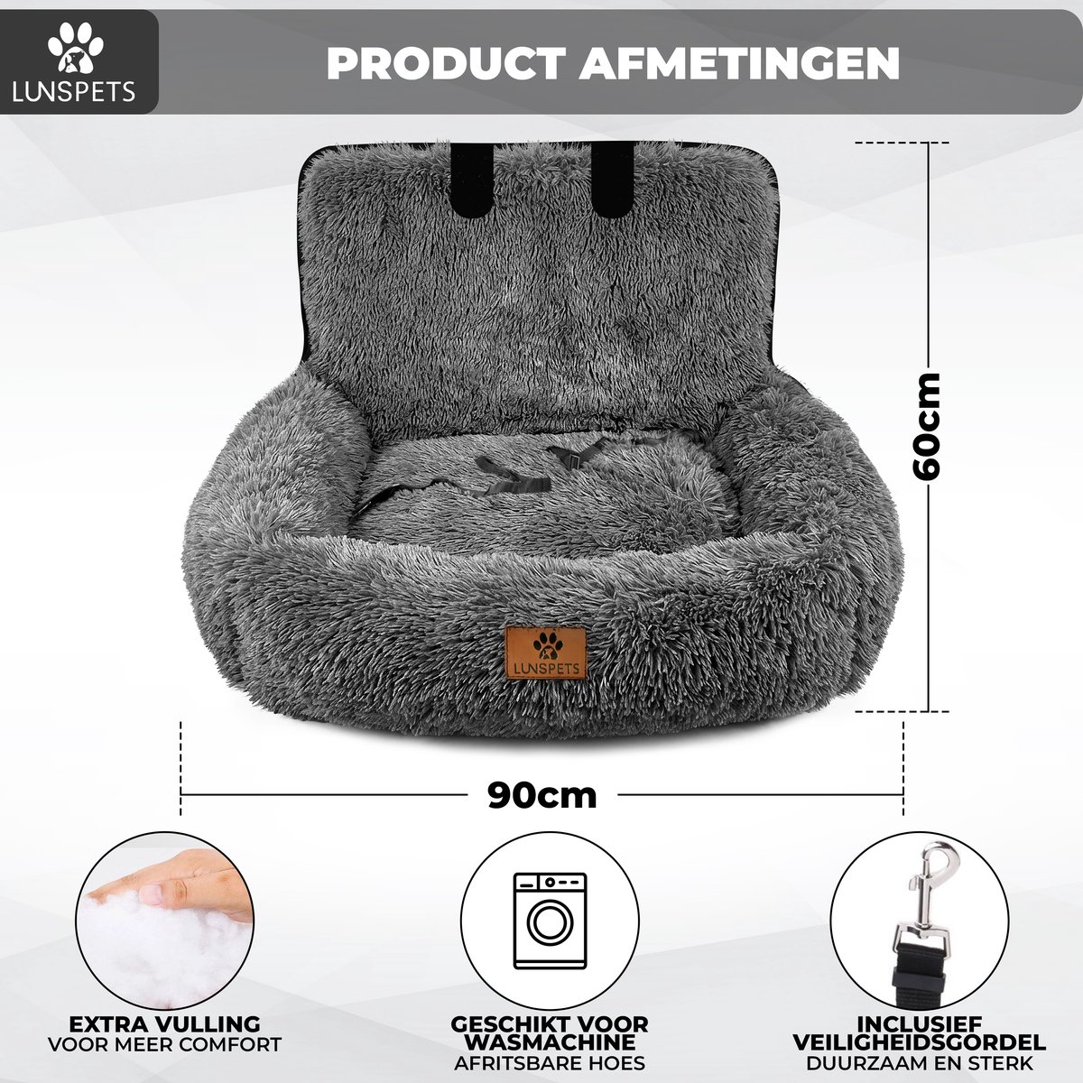 Lunspets - Hondenmand Auto - Autostoel Hond - Automand hond - Hondenstoel Auto - 90x60 CM- Incl. Autogordel - Geschikt voor elke auto - Donkergrijs – foto 4