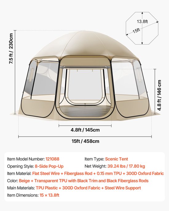 VEVOR Pop-Up Bubble Tent, 458 X 432 X 230 cm, Transparante Kampeertent, Tuinkoepel Iglo Tent met Ramen, Sporttent, 540° Panoramisch Uitzicht, voor 12-15 Personen, Terras, Achtertuin van Vevor — afbeelding 2