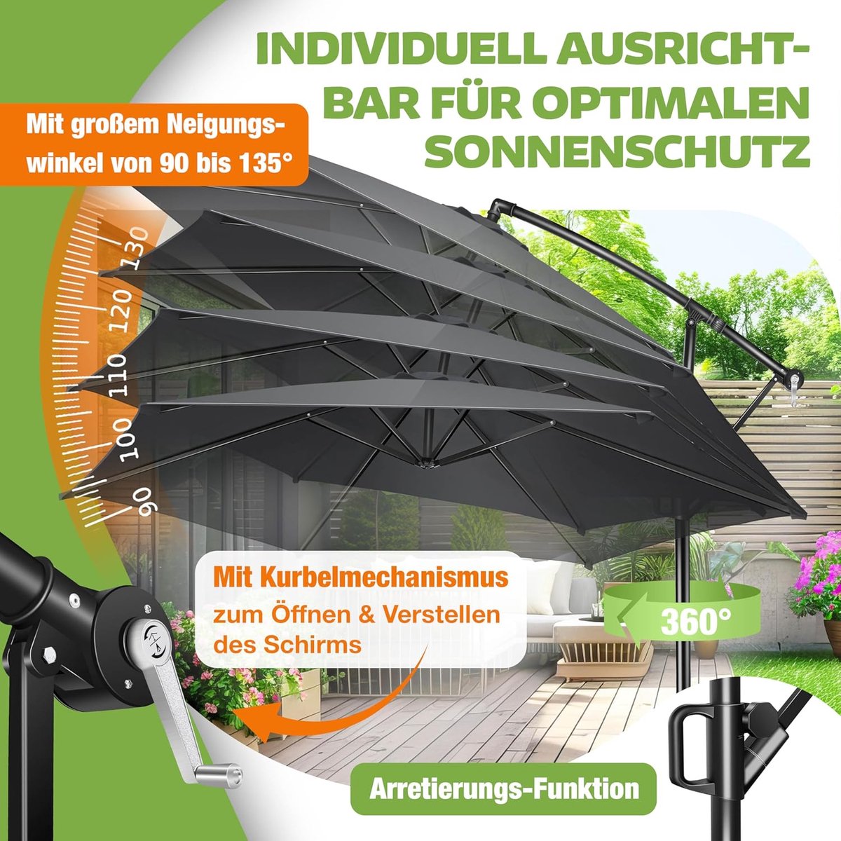 Zweefparasol Ø300 cm zeshoekig met zwengel en 360° draaifunctie – UV-bescherming, waterafstotend, aluminium frame, inklapbare parasol met standaard, tuin-, terras- & balkonparasol, antraciet – Laura