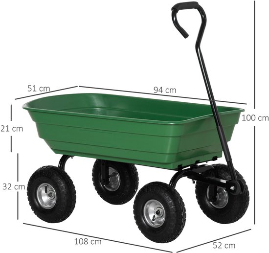 Outsunny tuinkar - Staal, rubber - 108x52x100cm - Groen van Merkloos	 — afbeelding 3