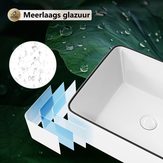 Detail van een witte wastafel met zwarte rand, die de meerlaagse glazuurlaag toont.