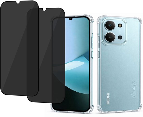Coque de protection transparente pour téléphone à côté de deux protecteurs d'écran de confidentialité et d'un téléphone.