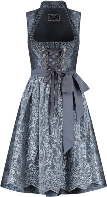Donkerblauw, kort dirndl met kantpatroon en satijnen strik