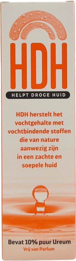 Oranje en witte verpakking met HDH logo, druppels en tekst "HDH helpt droge huid".