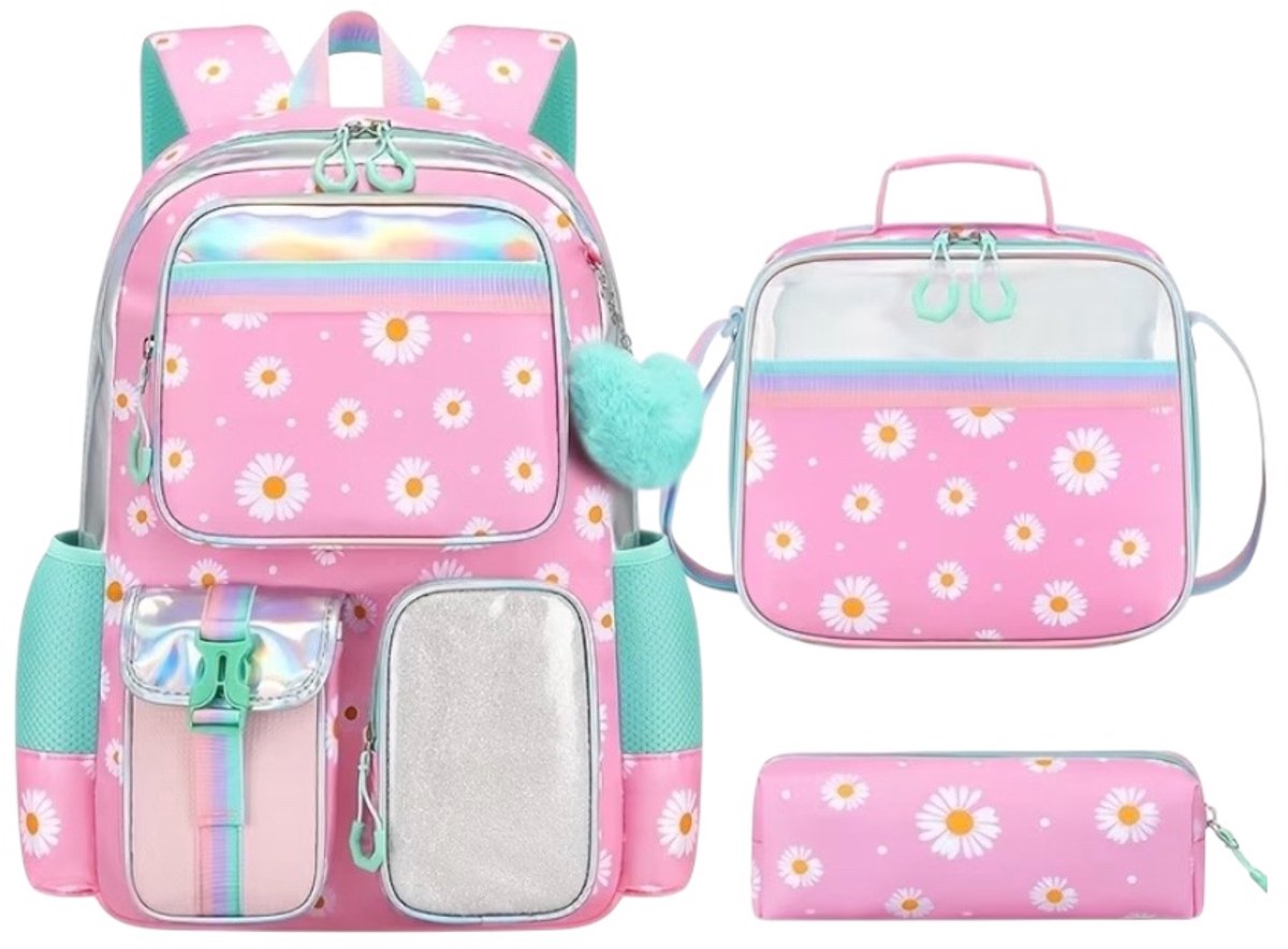 Twenty Two 3-delige set schooltas voor meisjes/tieners met sleutelhanger | rugtas voor school/brugklas | schooltassenset met schooltas/lunchtas/etui | 15.6 laptoptas | veel vakken | multifunctioneel | madelief patroon | roze-wit-groen
