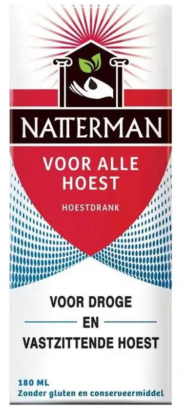 Witte doos Natterman hoestdrank. Rode, witte en blauwe opdruk 'Natterman Direct Voor Alle Hoest hoestdrank'.