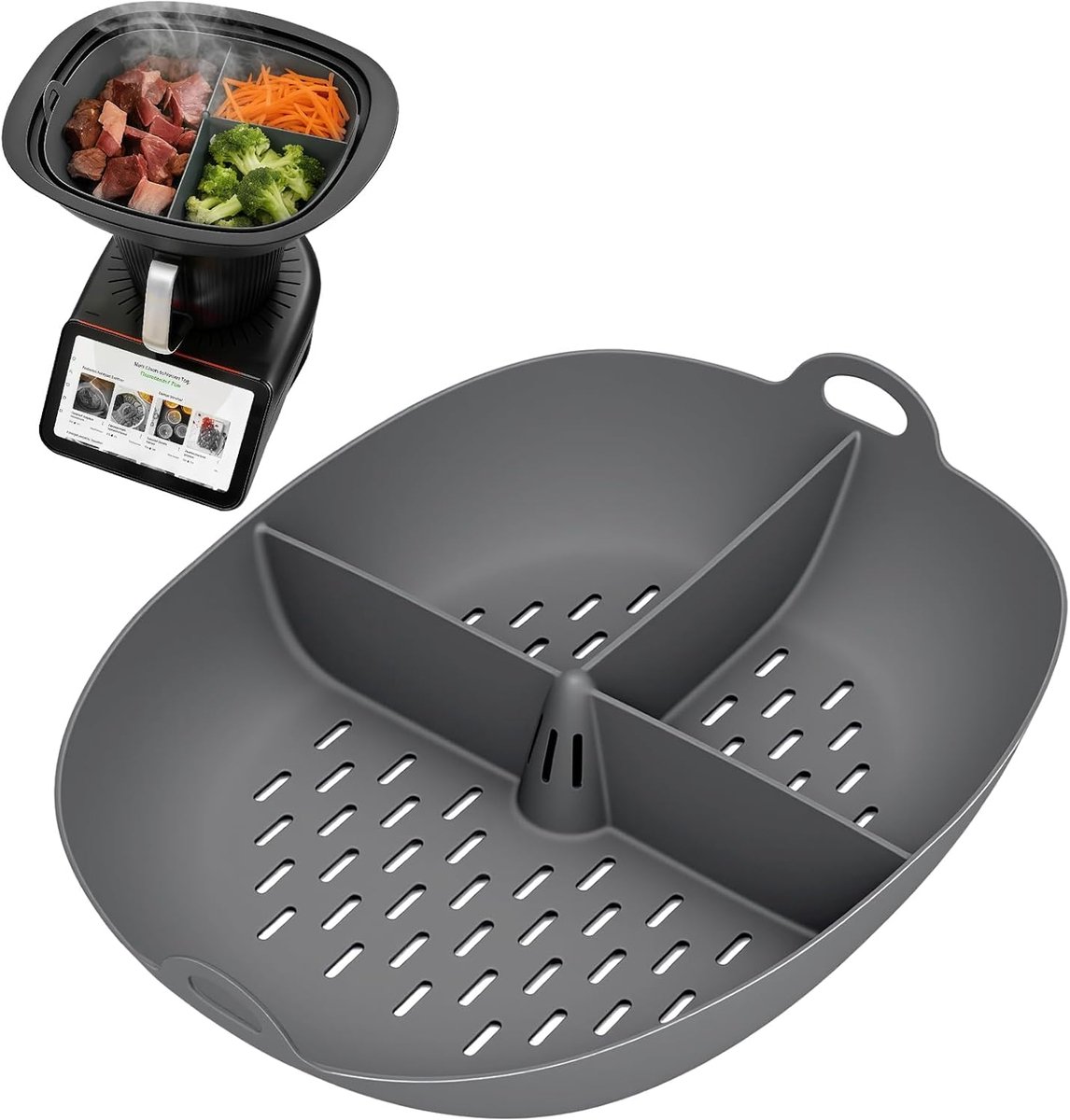 Stoompan Inzetstuk - Siliconen Bakvorm - Gezond Koken - Drie Partities - 17.9 x 16.5 cm - Grijs