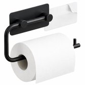 Een zwarte, verstelbare toiletrolhouder met een rol toiletpapier en een plakstrip.