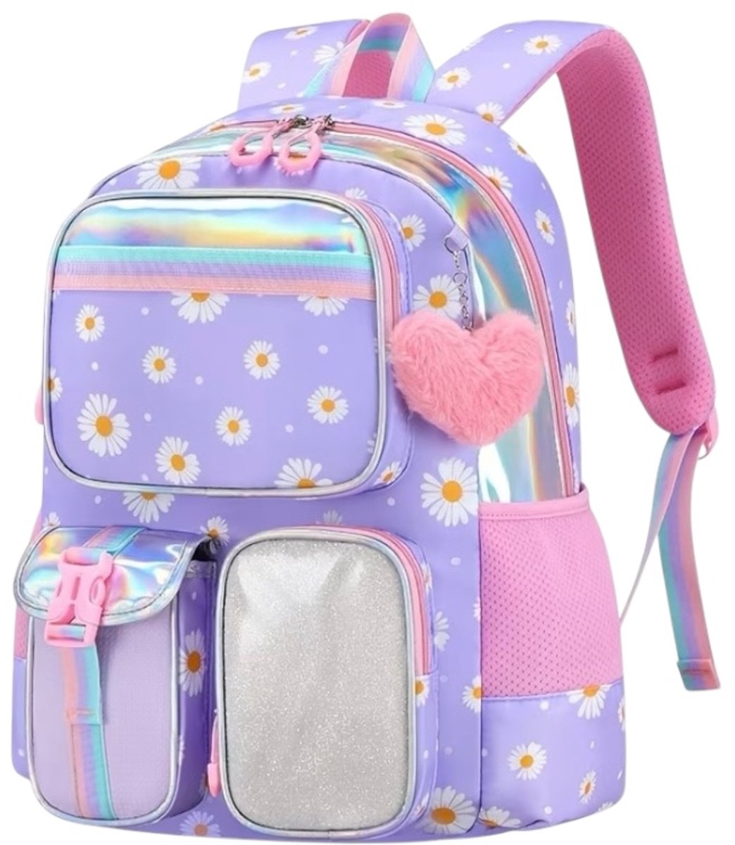 Twenty Two schooltas met sleutelhanger voor meiden/tieners | rugtas voor school/brugklas | 29x21x44cm | grote capaciteit | veel vakken | multifunctioneel | 15.6 inch laptoptas | madelief patroon | paars-wit-roze