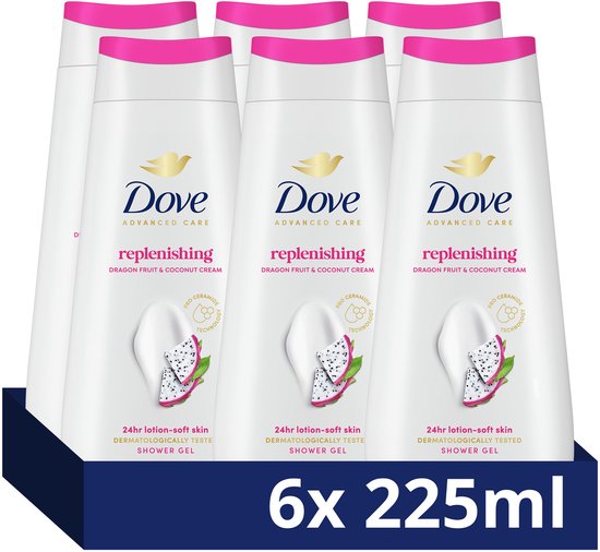 Een voordeelverpakking van zes witte Dove douchegel flessen met roze doppen. De flessen hebben afbeeldingen van drakenfruit en de tekst 'replenishing Dragon Fruit & Coconut Cream'.