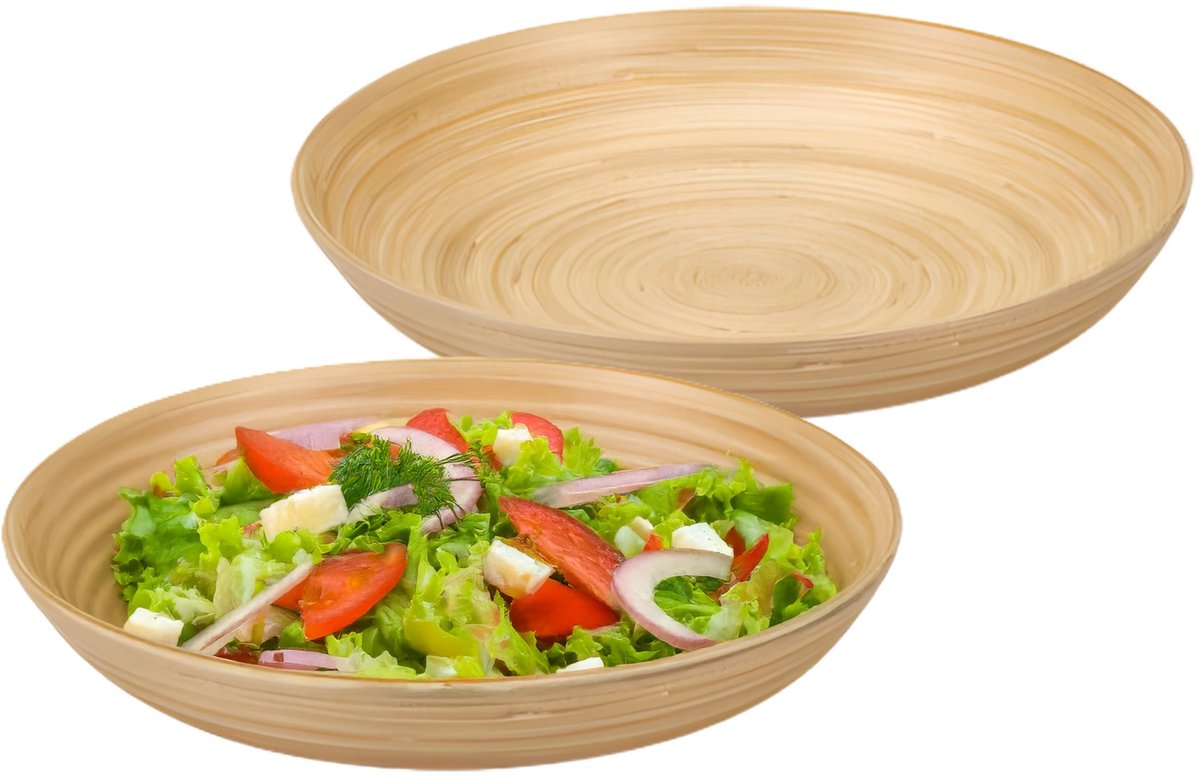 Koopman Serveerschaal/saladeschaal - 2x - D25 x H5 cm - bamboe - naturel
