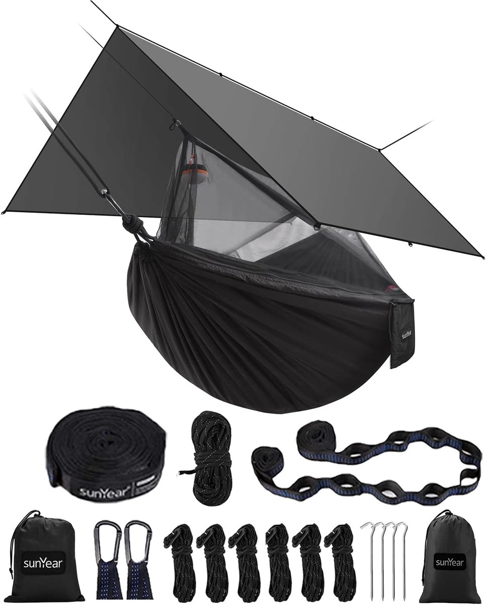 Kampeer hangmat - Buitenbed - Ontspannen buiten - Waterdichte tent inbegrepen - 2.7 x 1.4 meter - Zwart Grijs
