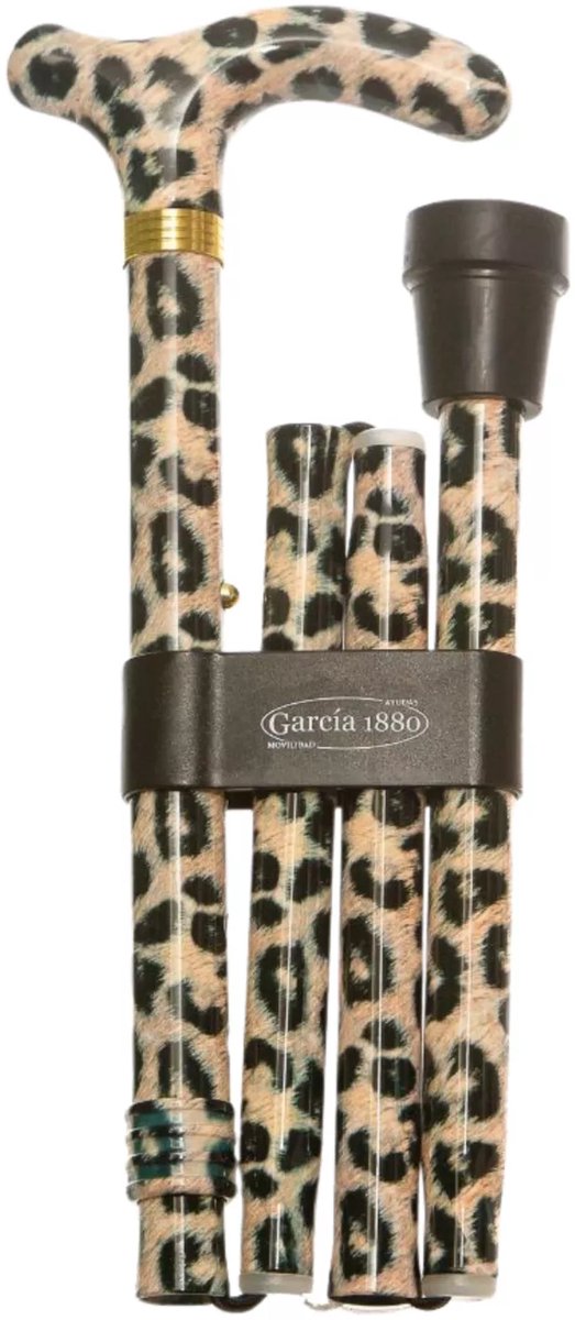 Garcia 1880 Opvouwbare wandelstok – Petit derby handvat – Panterprint – Verstelbaar van 84 tot 94 cm – Aluminium steel – Derby handvat
