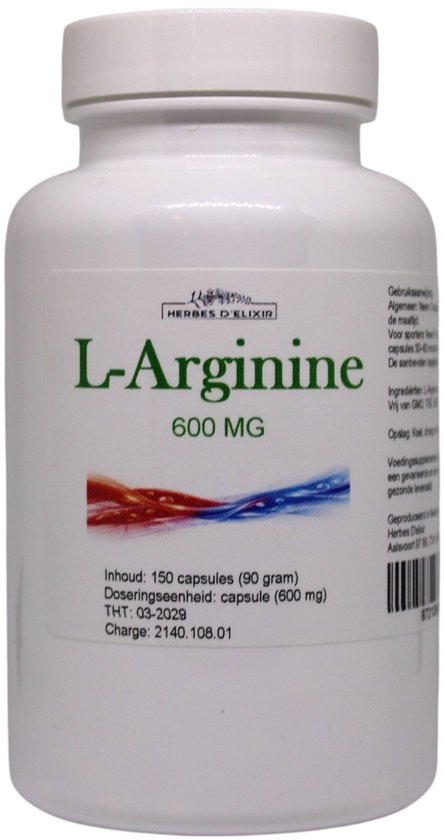 Witte fles met L-Arginine 600 mg, 150 capsules. Bedrukking met rode en blauwe golfjes.