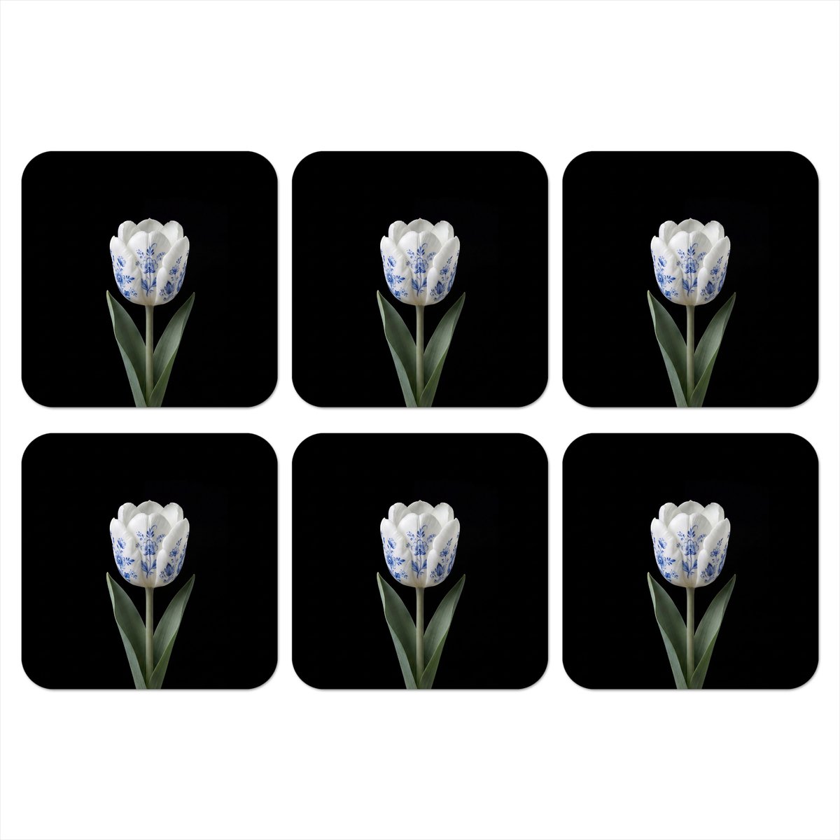 Onderzetters voor glazen - Tulp - Patroon - Blauw - 10x10 cm - Glasonderzetters - 6 stuks