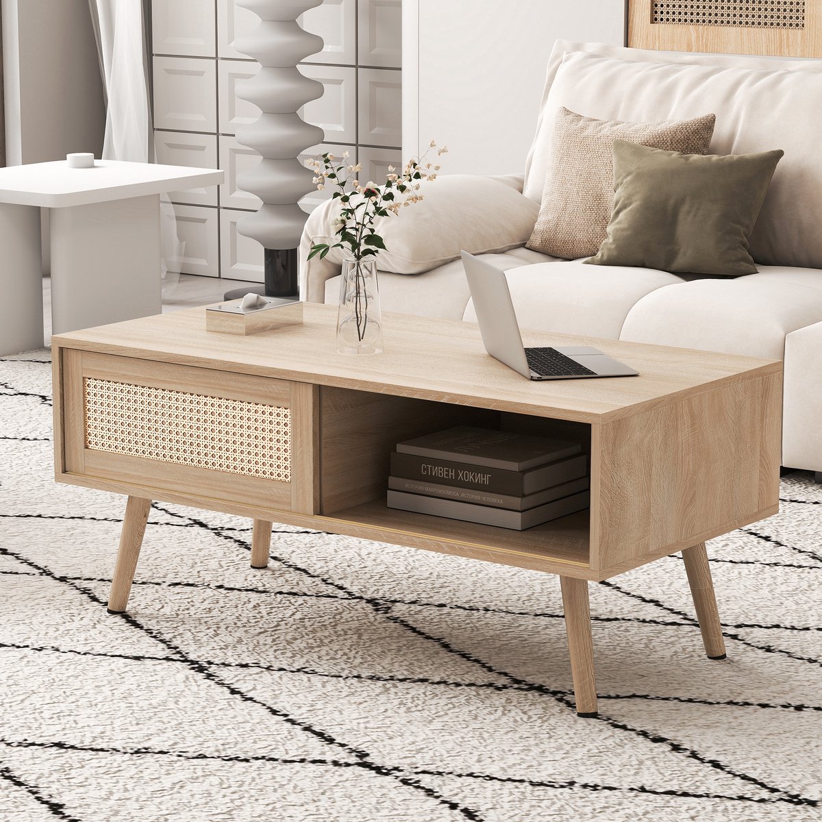 Wishdor Salontafel - Rotan Vlechtwerk En Schuifdeur - Modern - Voor Woonkamer - MDF - Natuurlijke Houtkleur Natuurhout