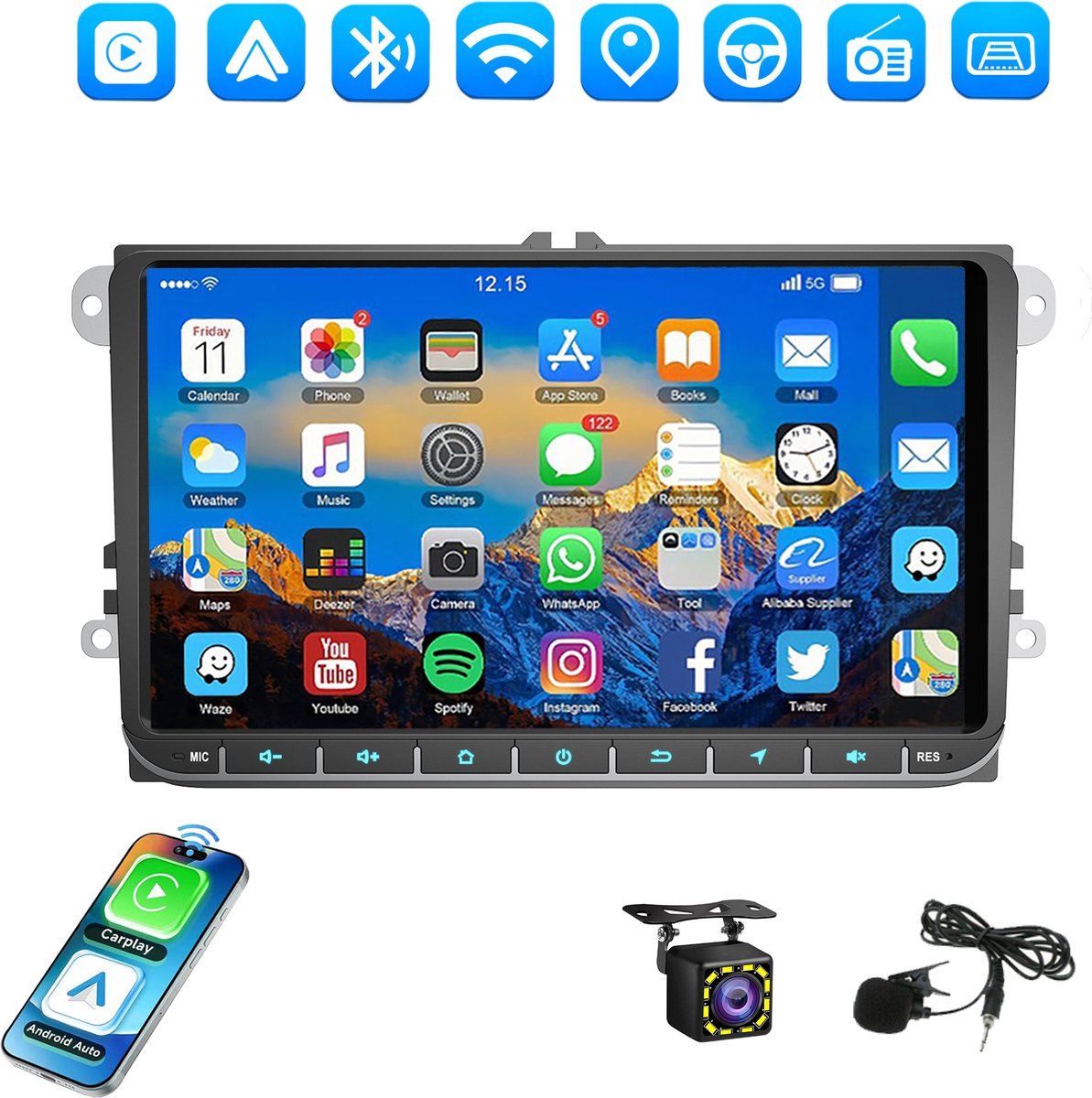 ESSGOO Autoradio Geschikt voor Volkswagen Golf 5 6 Polo 6R Jetta Caddy EOS Touran- Android 15 - 9" HD Touchscreen - Draadloos Apple CarPlay & Android Auto - Achteruitrijcamera - Microfoon