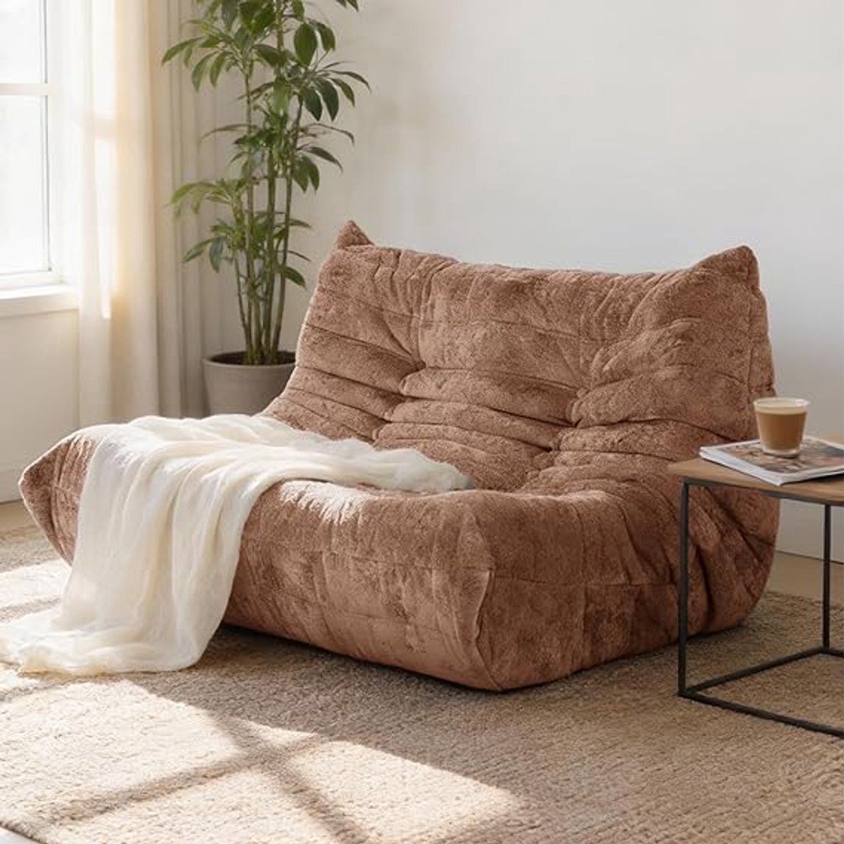 Vloerbank 118 cm 2-zits zonder montage, boneless schuimstofbank, ergonomische zitzak bank met rugleuning, moderne lounge bank voor woonkamer, slaapkamer, gaming, roze – NoviHome
