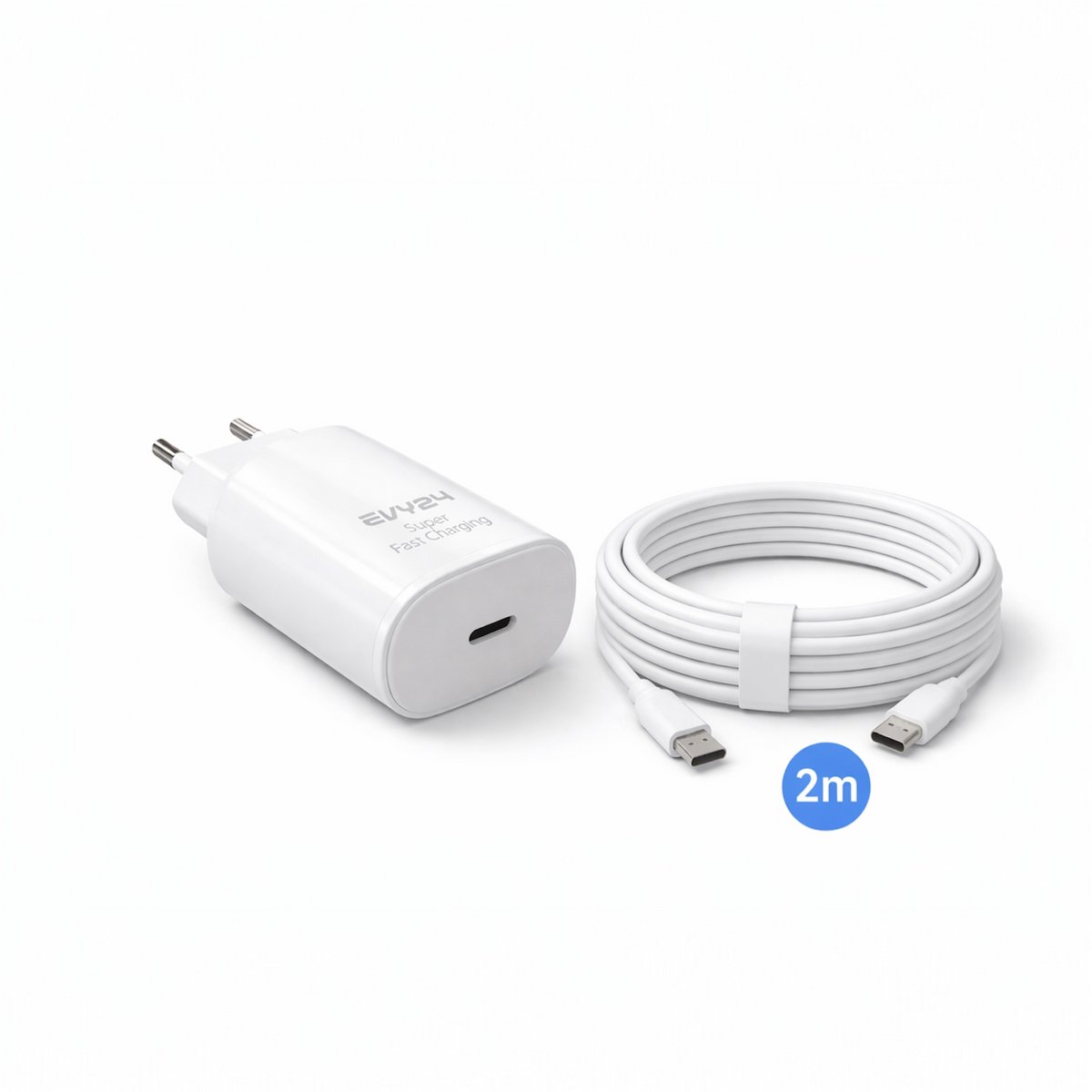 Evy24 USB C Oplader 25W Wit - Snellader Power Delivery - 2M USB C Kabel 60W - Geschikt voor iPhone en Android