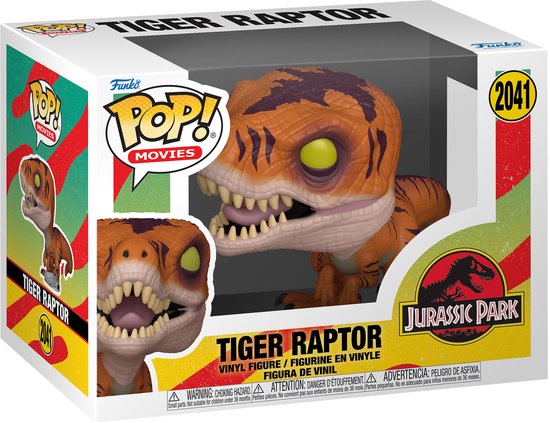 Funko Pop! Tiger Raptor figuur in Jurassic Park verpakking, oranje met bruine strepen.