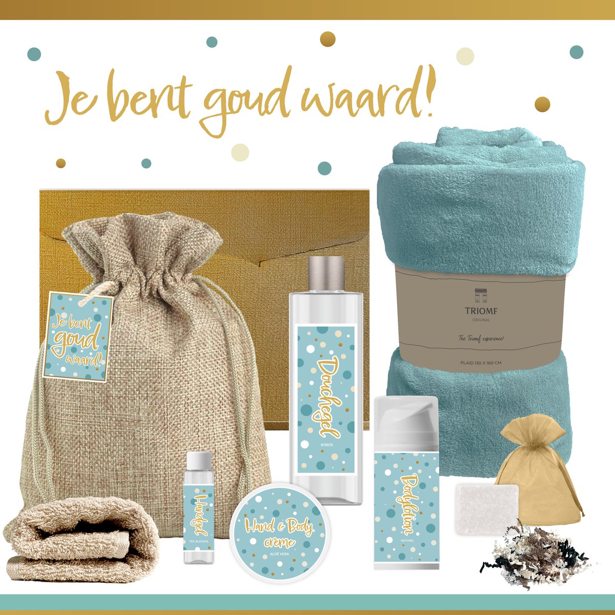 Geschenkset “Je Bent Goud Waard!” - 8 producten - 1210 gram | Cadeau Vrouw - Wellness Giftset Vrouw - Cadeaupakket Speciaal voor jou - Cadeau Pakket Bedankt - Verjaardag Vriendin Moeder Collega - Gift Set Kerst Kerstpakket Goud Turquoise