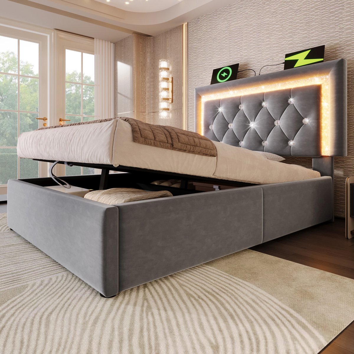 MODENUIT Gestoffeerd Bed 90x200 cm – Led-Hoofdbord met Usb en Usb-C – Hydraulische Opbergr