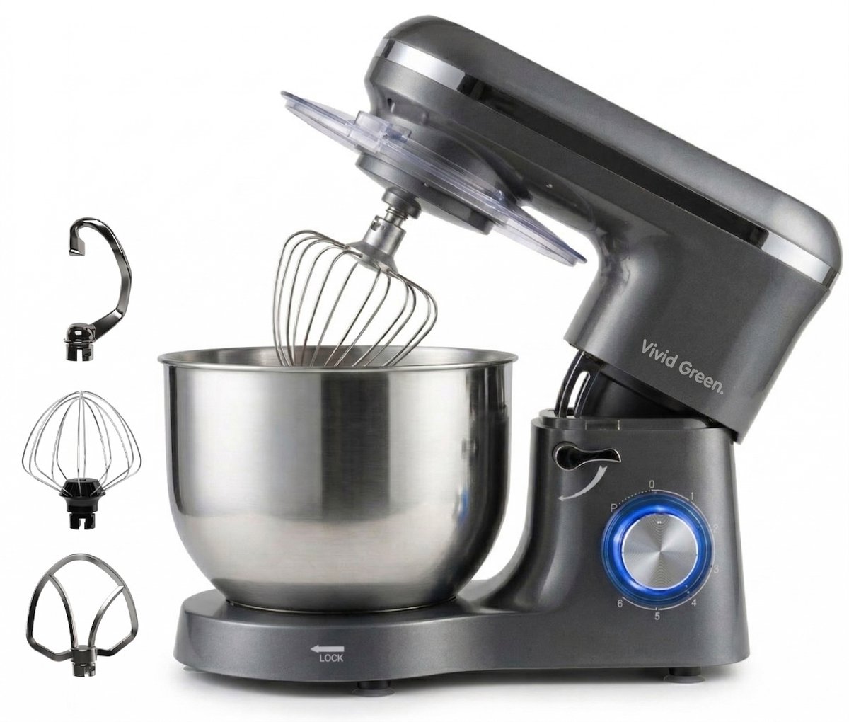 Keukenmachine 2000W - Keukenrobot - Foodprocessor - Keukenmixer met RVS Mengkom - Incl. 5 Accessoires - 6.2L - Grijs - Vivid Green