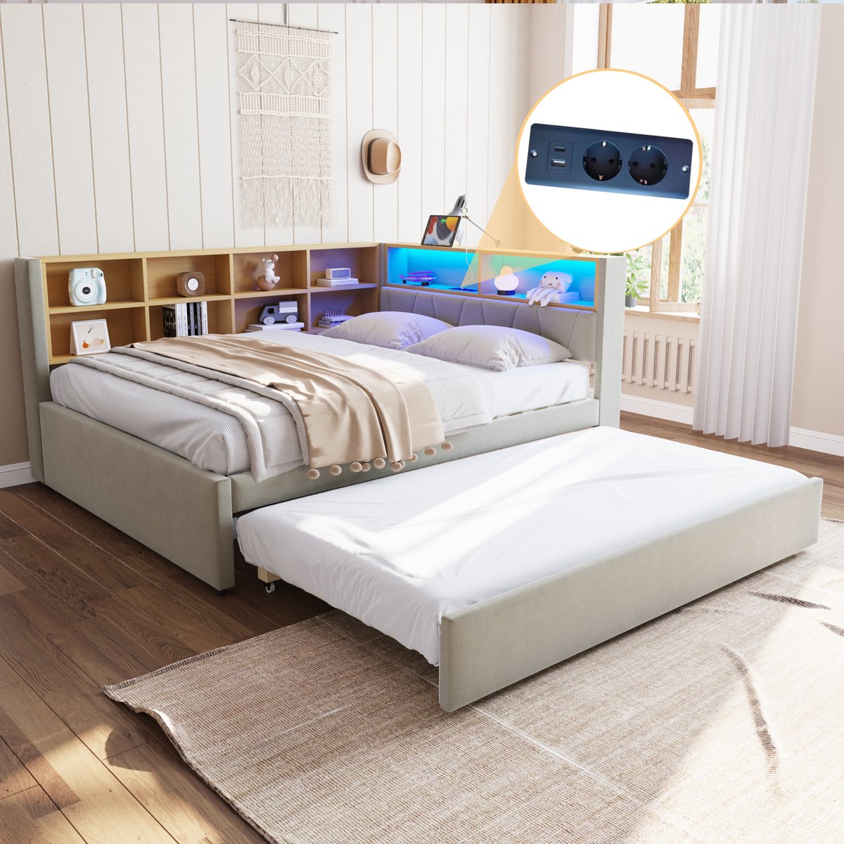 MODENUIT Slaapbank 140x200 cm – Uitschuifbed 90x190 cm met led en laadpunten – Opbergvakken – Zonder matras – Lichtgrijs