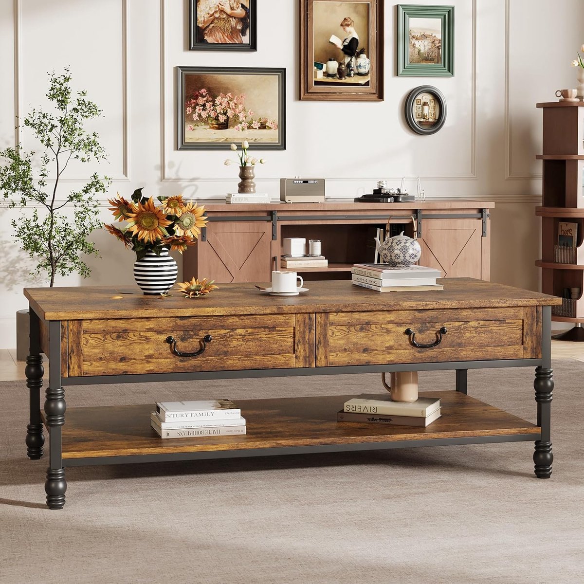 Salontafel - 41 inch vintage salontafel - rechthoekige cocktail- en theetafel uit het midden van de vorige eeuw - met 2 lades en een groot open schap - voor de woonkamer, het kantoor, de salon of de leeshoek - 105 × 55 × 47 cm