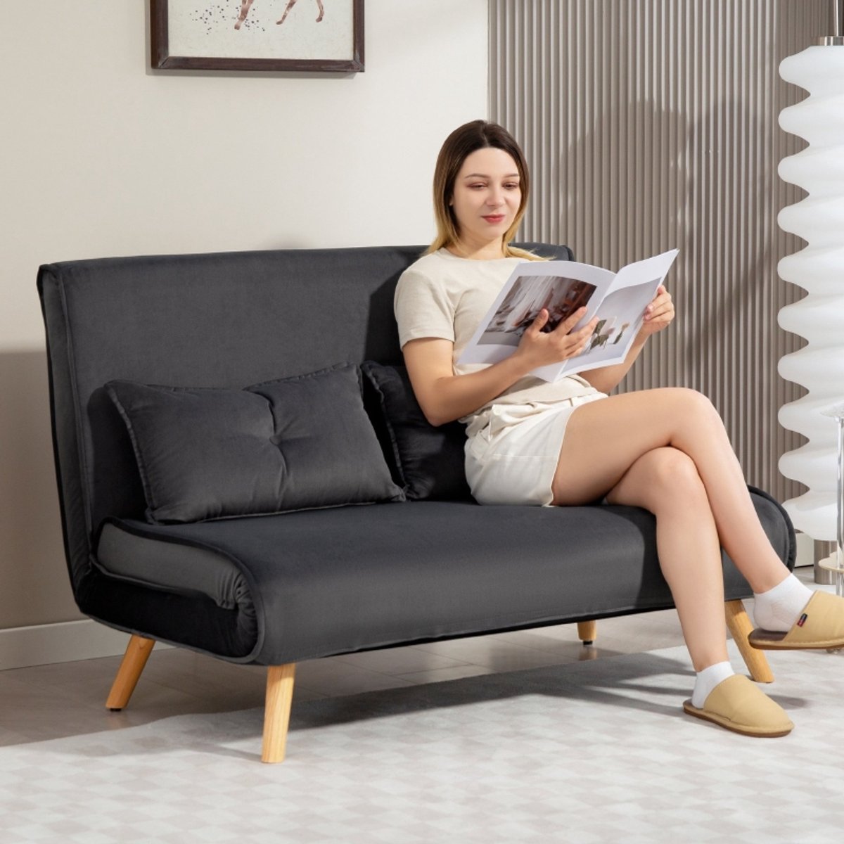 MODFU 2-Zits Slaapbank - 3-In-1 Met Verstelbare Rugleuning - Compact - Polyester - Donkergrijs - 120 X 75 X 87 Cm